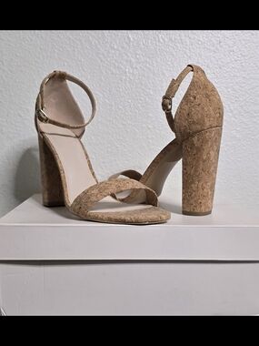 JustFab Cork-Look Block Heel Ankle Strap Sandals - Natural